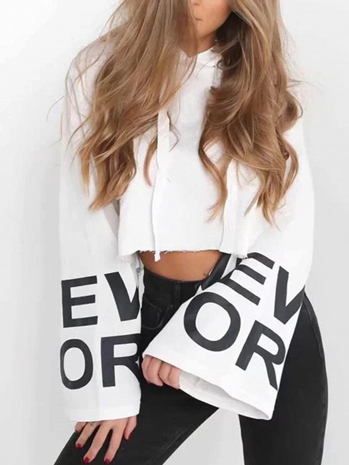 Choies White Cotton Letter Print Flare Sleeve Chic Women Crop Hoodie