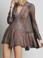 Choies Brown V-neck Lace Panel Long Sleeve Mini Dress