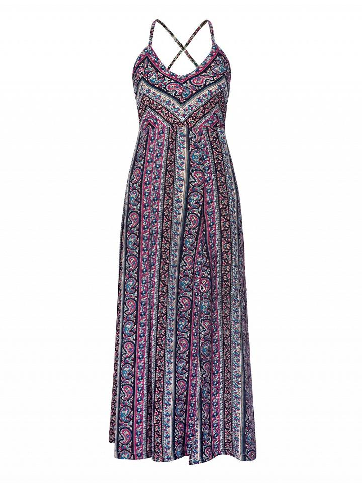 Choies Multicolor V-neck Tribe Pattern Strap Back Cross Side Split Maxi Dress