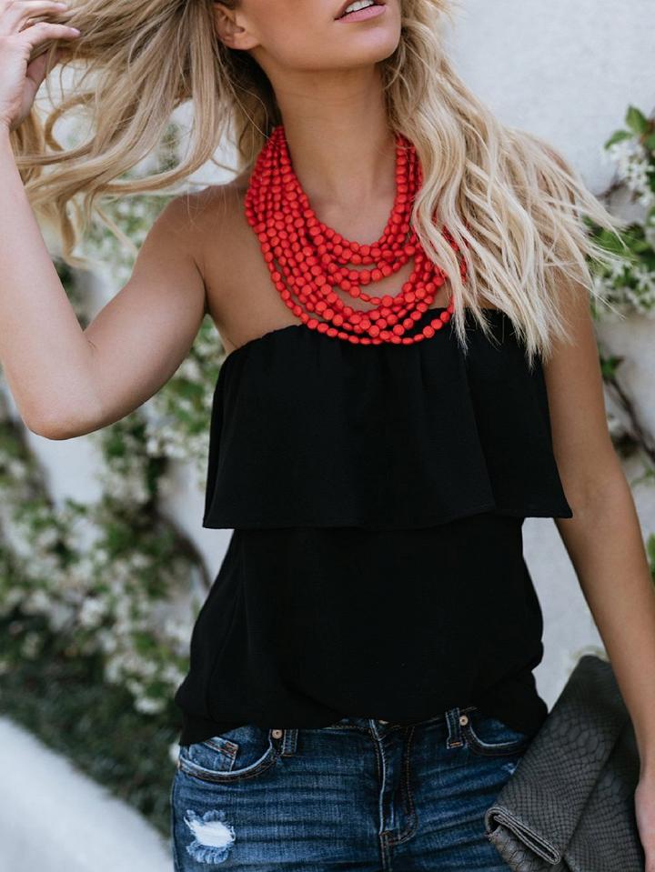 Choies Black Chiffon Bandeau Ruffle Trim Chic Women Blouse