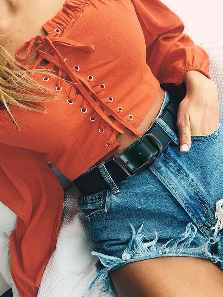 Choies Orange Off Shoulder Frill Trim Lace Up Long Sleeve Top