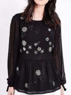 Choies Black Star Embroidery Tie Cuff Long Sleeve Blouse