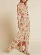 Choies Polychrome Floral Cold Shoulder Cut Out Back Dipped Hem Maxi Dress