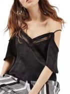 Choies Black V-neck Sheer Lace Panel Cold Shoulder Cami Blouse Top