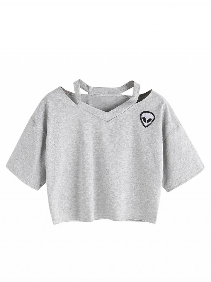 Choies Gray Ripped Detail Alien Pattern Short Sleeve T-shirt