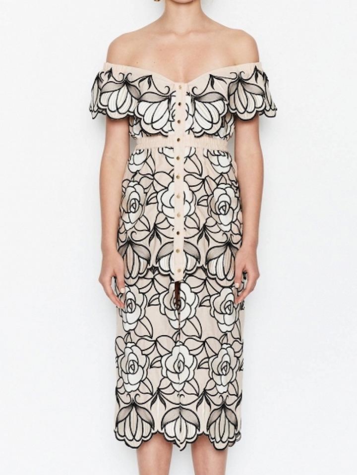 Choies Beige Off Shoulder Layered Embroidery Floral Midi Dress