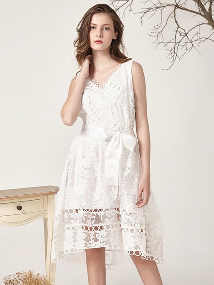 Choies White V Neck Tie Waist Organza Sleeveless Skater Dress