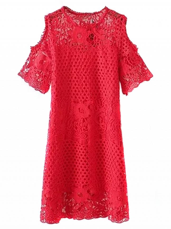 Choies Red Cold Shoulder Cut Out Detail Lace Dress