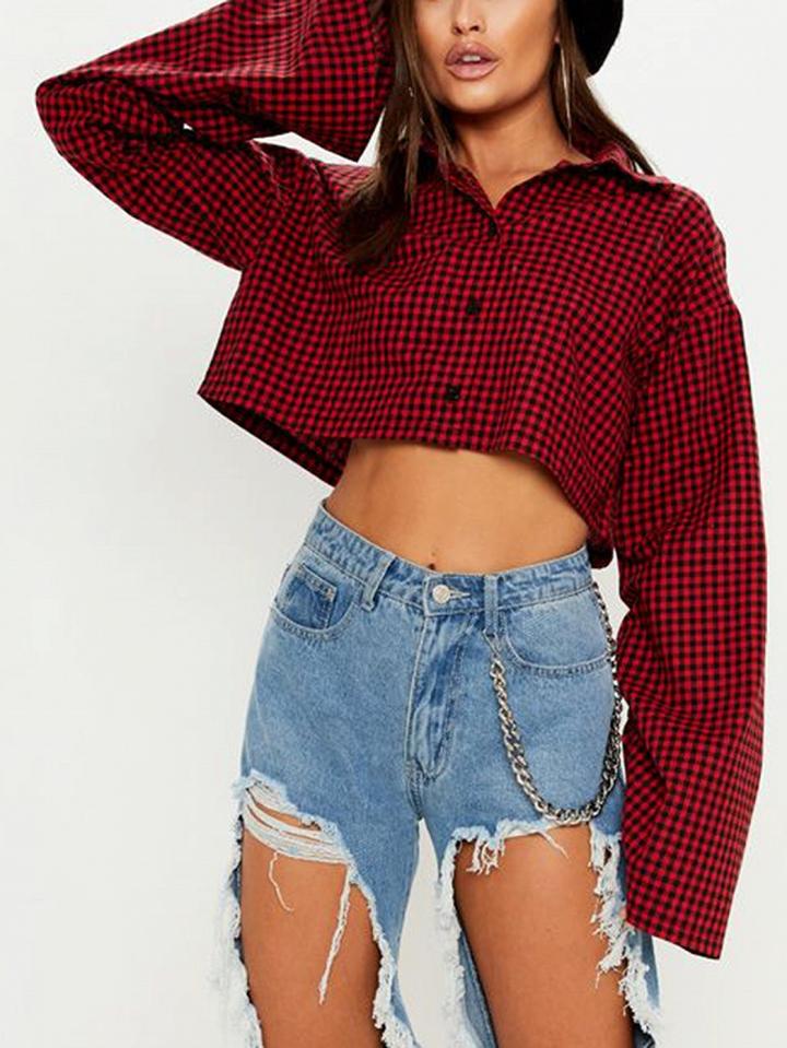 Choies Red Plaid Button Placket Front Flare Sleeve Women Crop Shirt