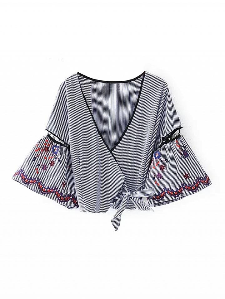 Choies Blue Stripe Wrap V-neck Embroidery Detail Tie Side Cropped Blouse