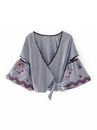 Choies Blue Stripe Wrap V-neck Embroidery Detail Tie Side Cropped Blouse