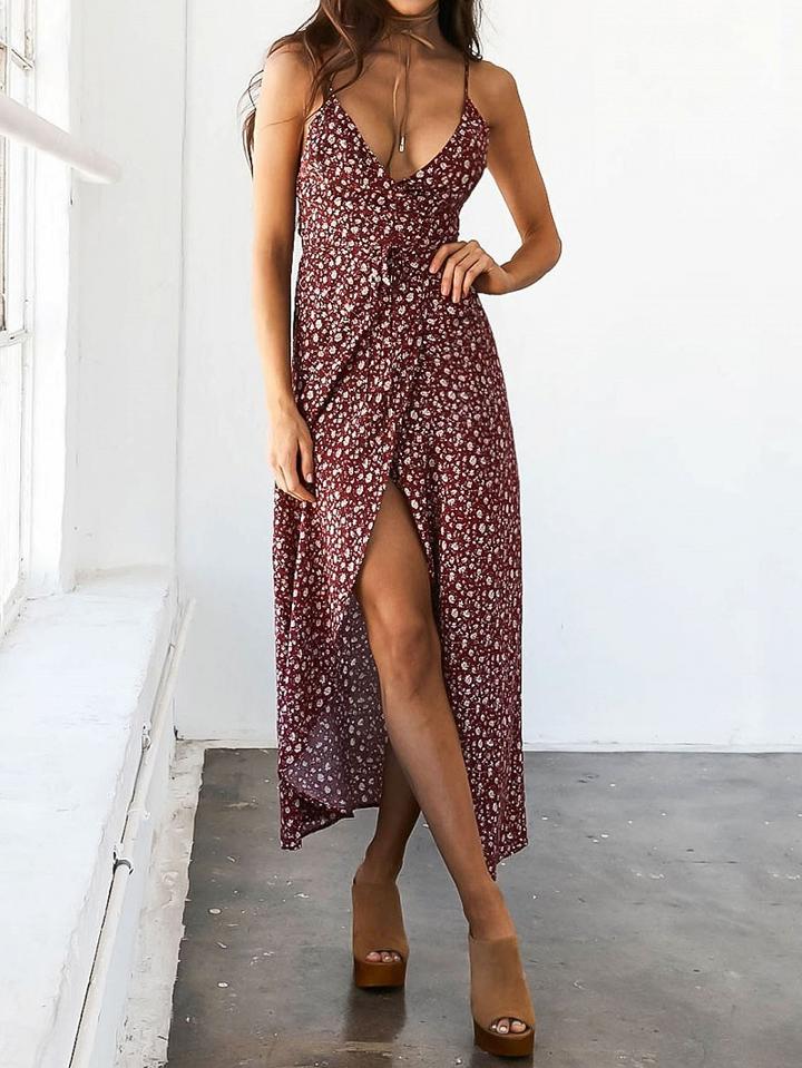 Choies Red Floral Print Tie Waist Wrap Cami Maxi Dress