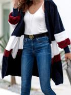 Choies Royal Blue Open Front Stripe Panel Long Sleeve Chic Women Cardigan