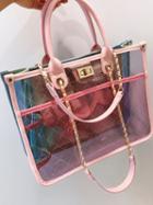 Choies Pink Pu Argyle Print Chain Strap Chic Women Sheer Handle Shoulder Bag