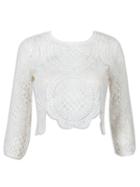 Choies White Crochet Lace Asymmetric Hem 3/4 Sleeve Cropped Blouse