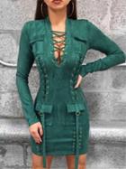 Choies Green Lace Up Detail Faux Suede Bodycon Mini Dress