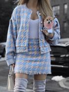 Choies Blue Plaid Wool Blend Puff Sleeve Chic Women Coat And High Waist Skirt