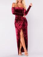 Choies Red Off Shoulder Velvet Thigh Split Front Maxi Dress