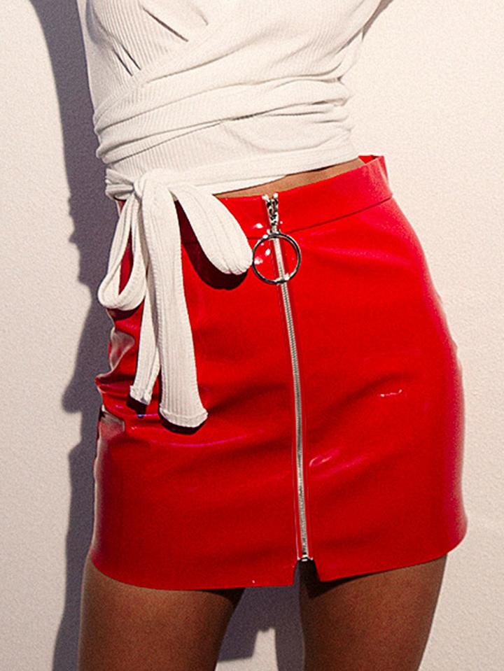 Choies Red High Waist Circle Zip Front Leather Look Mini Skirt