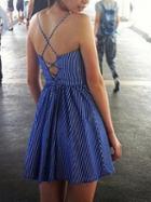 Choies Blue Stripe V-neck Spaghetti Strap Lace Up Back Skater Mini Dress