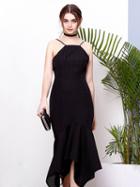 Choies Black Spaghetti Strap Lace Up Open Back Asymmetric Hem Dress