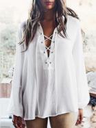 Choies White V-neck Eyelet Lace Up Front Long Sleeve Blouse