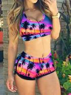 Choies Purple Coconut Tree Print Crop Bikini Top And High Waist Bottom