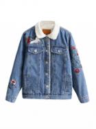 Choies Blue Embroidery Detail Faux Shearling Lining Denim Jacket