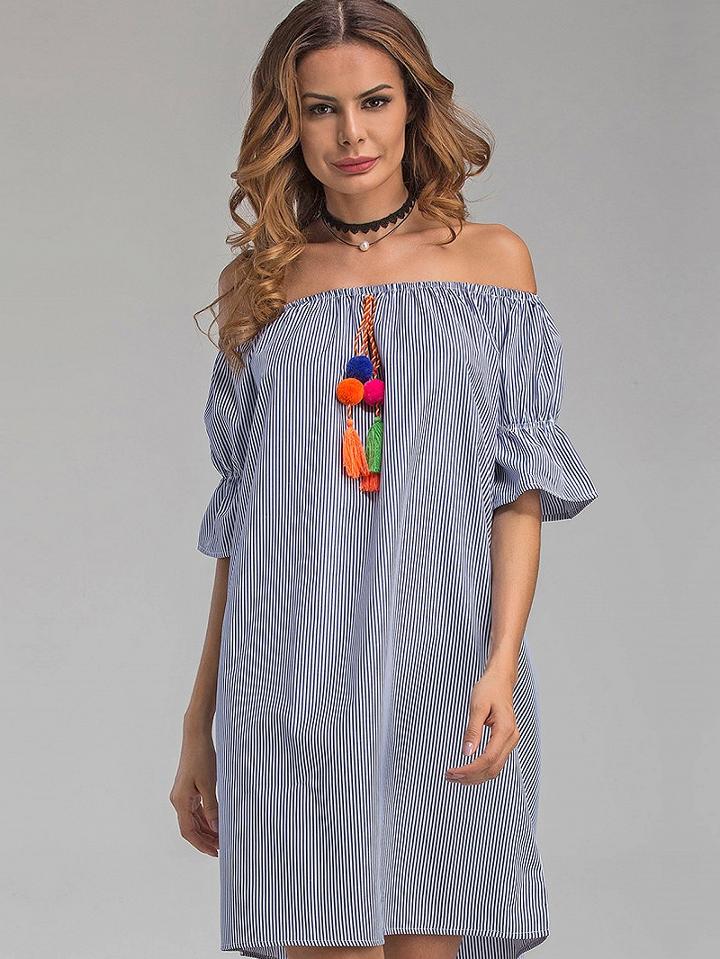 Choies Blue Stripe Off Shoulder Pom Pom Tassel Shift Dress