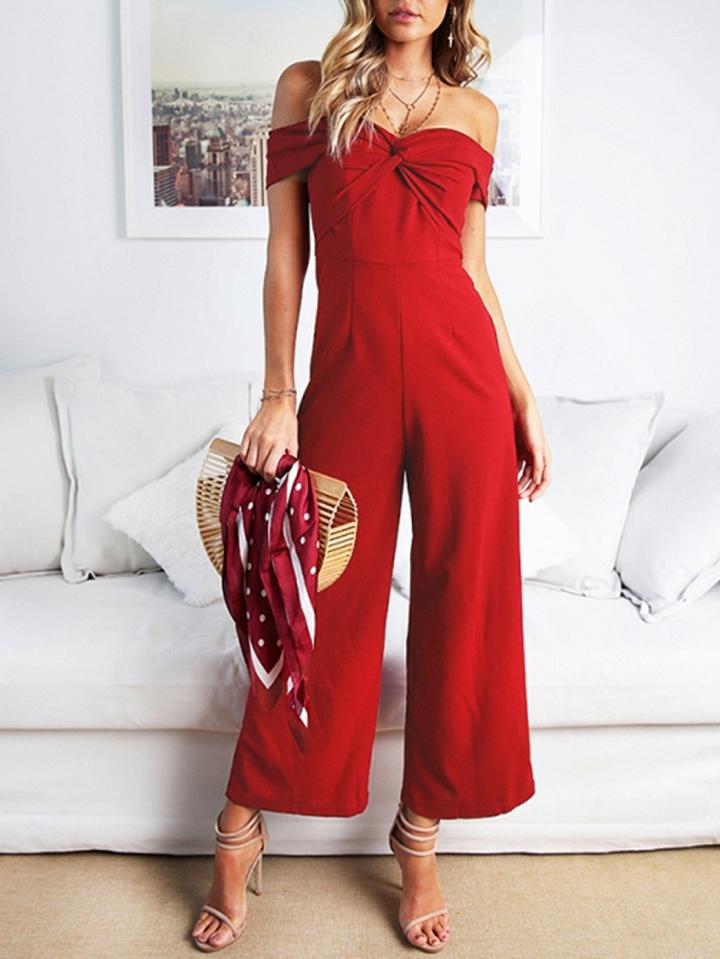 Choies Burgundy Off Shoulder Knot Front Ruched Detail Chic Women Jumpsuit