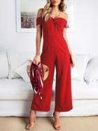 Choies Burgundy Off Shoulder Knot Front Ruched Detail Chic Women Jumpsuit