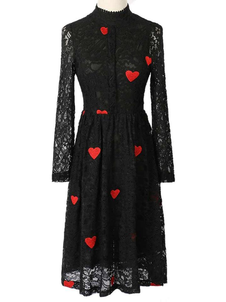 Choies Black Heart Embroidery Lace High Neck Ruffle Dress
