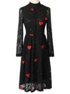 Choies Black Heart Embroidery Lace High Neck Ruffle Dress