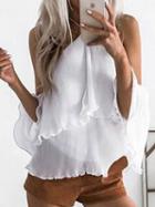 Choies White Cold Shoulder Halter Open Back Layered Chiffon Blouse