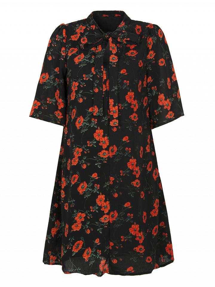 Choies Black Floral Print Lace Up Halfsleeve Dress