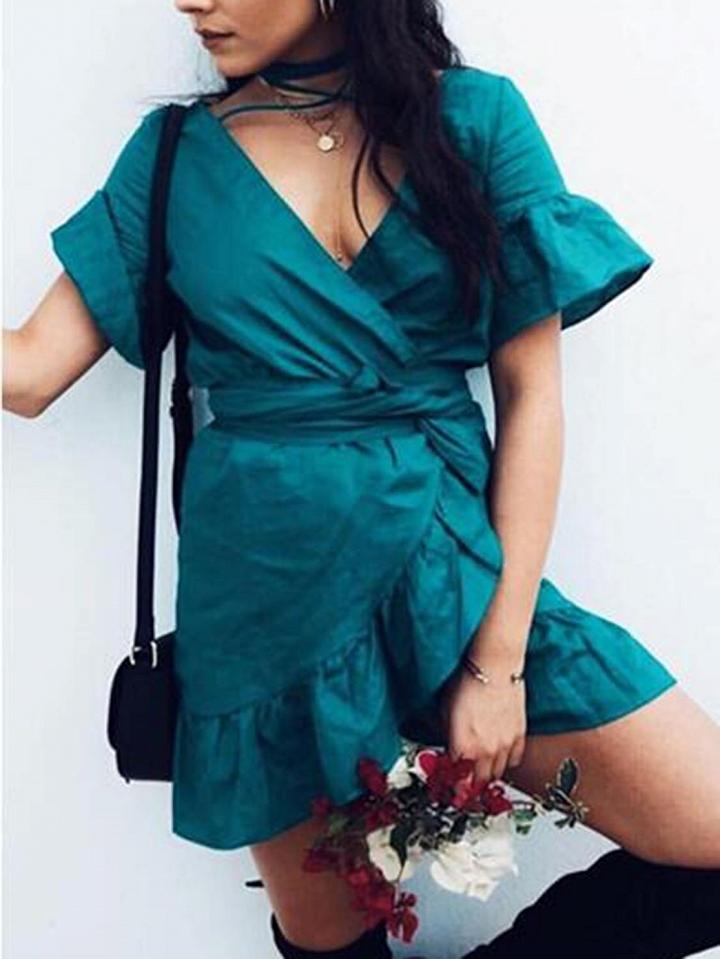 Choies Dark Cyan Choker Wrap Ruffle Trim Tie Waist Dress