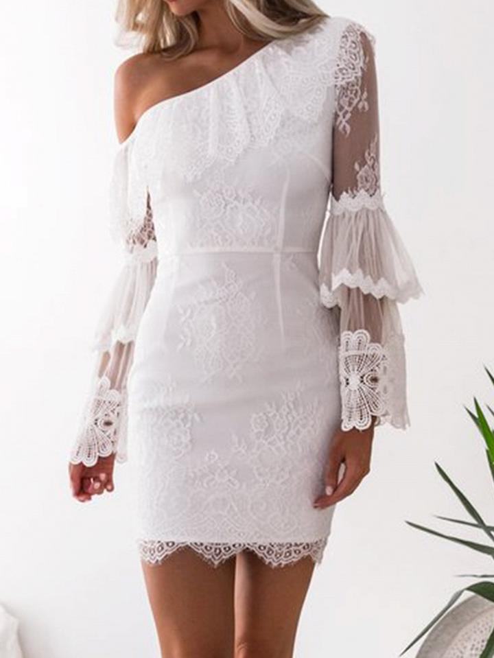 Choies White One Shoulder Ruffle Trim Flare Sleeve Chic Women Lace Mini Dress
