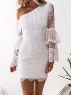 Choies White One Shoulder Ruffle Trim Flare Sleeve Chic Women Lace Mini Dress