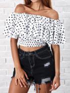 Choies White Off Shoulder Polka Dot Print Ruffle Trim Chic Women Crop Blouse