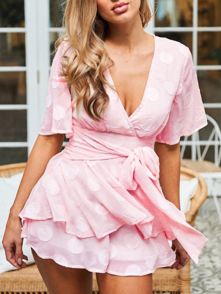 Choies Pink V-neck Tie Waist Romper Playsuit