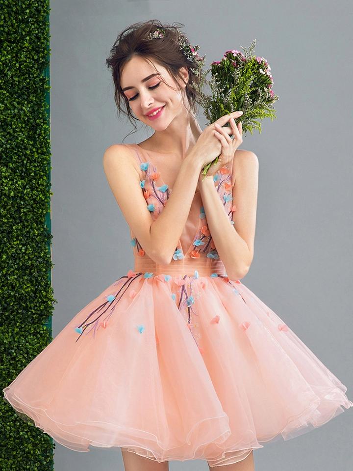 Choies Pink 3d Flower Embellished Lace Up Back Organza Homecoming Dress