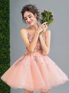 Choies Pink 3d Flower Embellished Lace Up Back Organza Homecoming Dress
