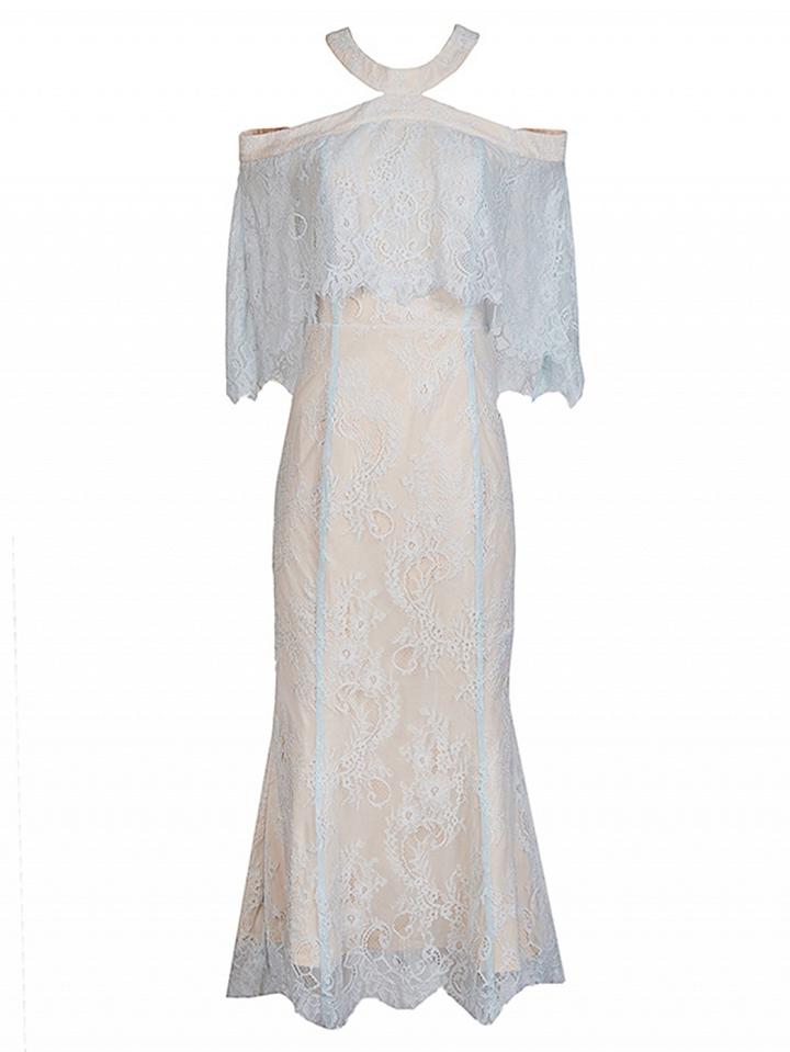 Choies Blue Halter Cold Shoulder Ruffle Lined Lace Midi Dress