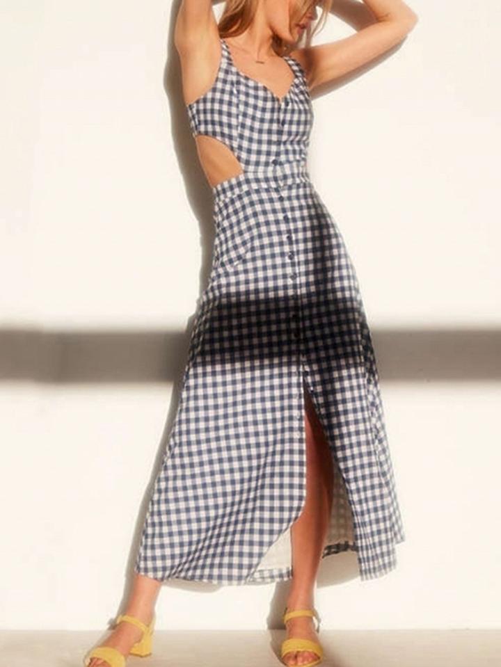 Choies Monochrome Gingham Cut Out Waist Button Front Cami Dress