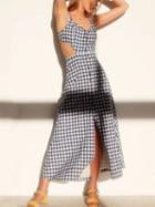 Choies Monochrome Gingham Cut Out Waist Button Front Cami Dress