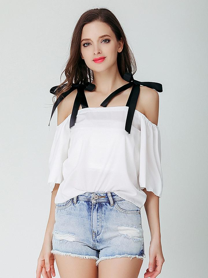 Choies White Off Shoulder Tie Detail Blouse