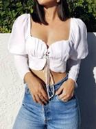 Choies White Cotton Tie Detail Puff Sleeve Chic Women Crop Blouse