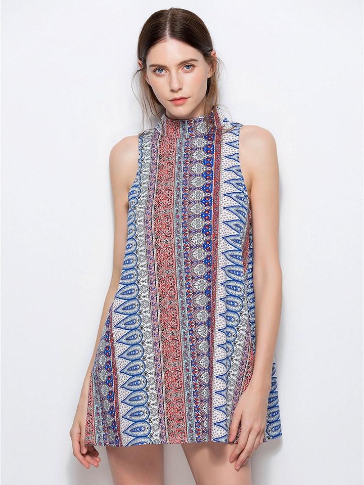 Choies Polychrome Geo-tribal V-neck Back Sleeveless Shift Mini Dress