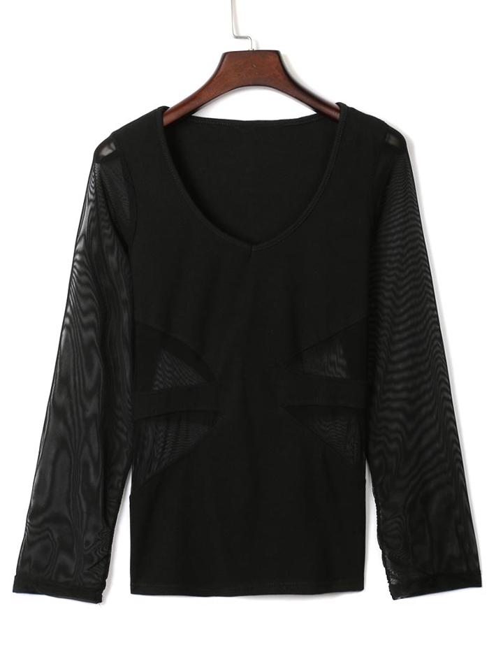 Choies Black V Neck Sheer Panel Long Sleeve Tight T-shirt