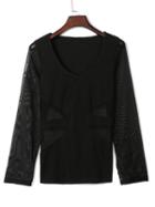 Choies Black V Neck Sheer Panel Long Sleeve Tight T-shirt